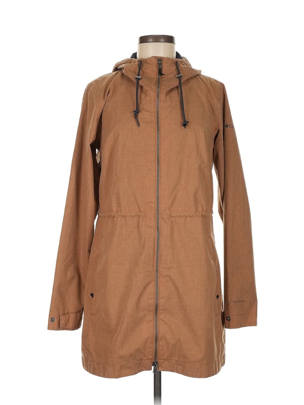 Columbia brown hooded raincoat, mid length with drawstring waist